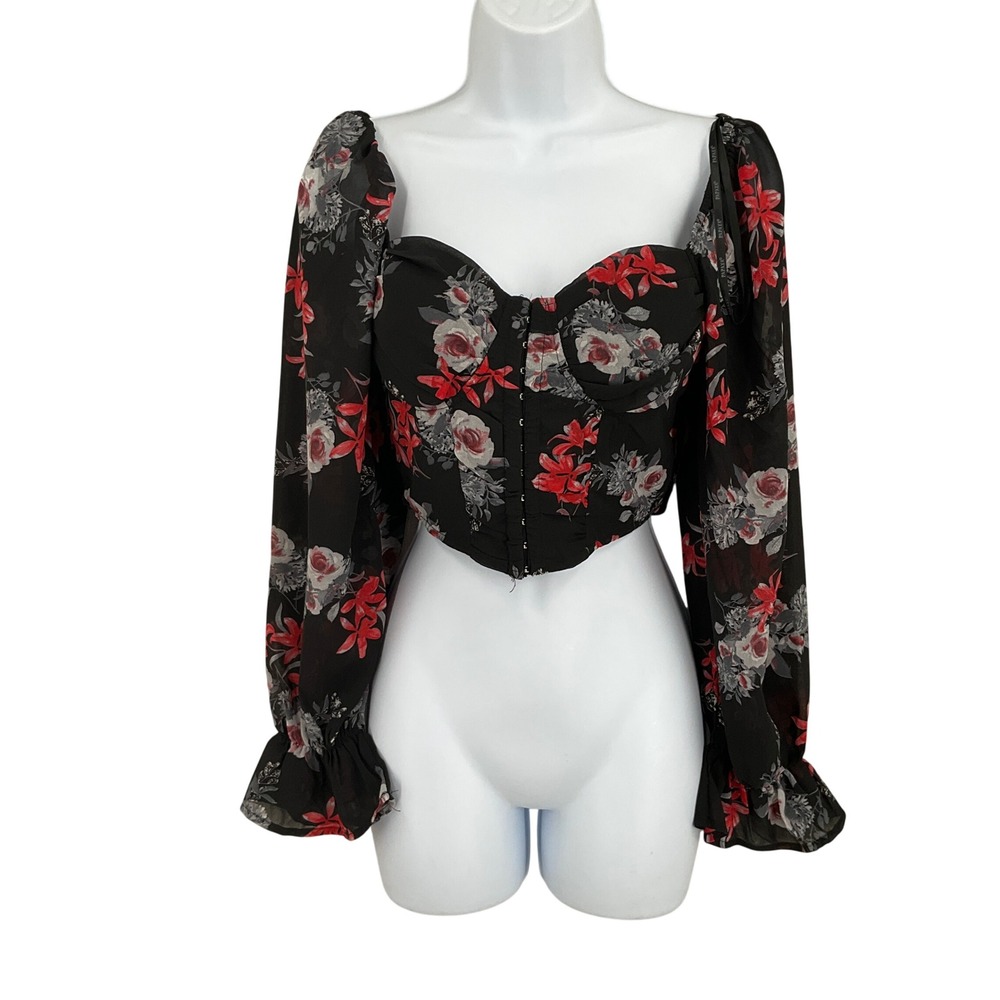 Papaya Corset Top Womens Sz S Black Floral Boho Coquette Fairycore Whimsigoth